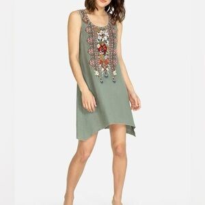 Johnny Was Asymmetrical Green Embroidered Dress